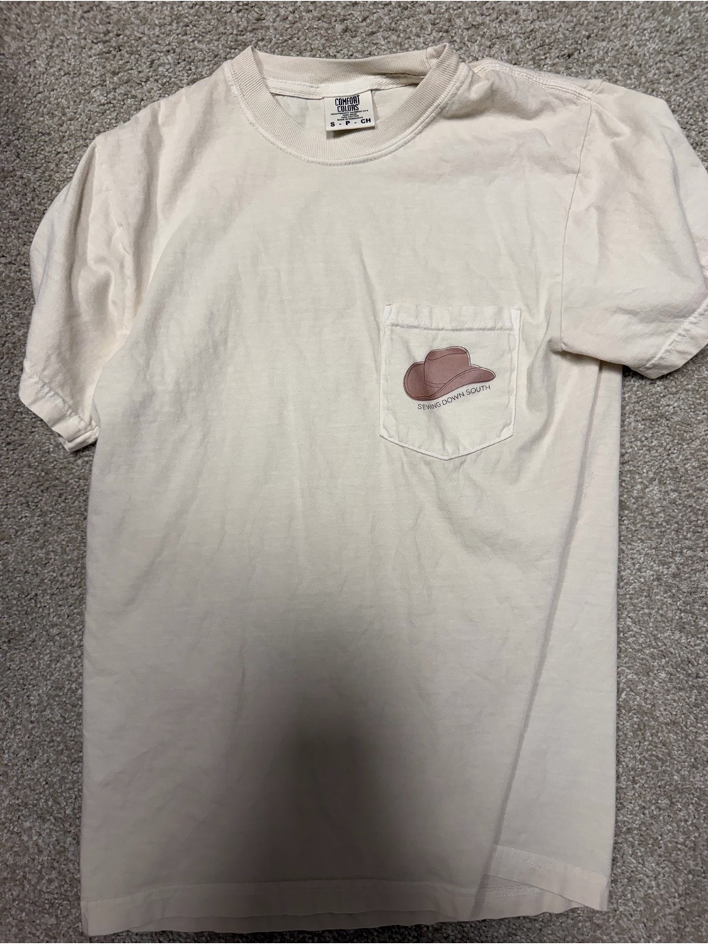 Cream Pocket Tee with Pink Hat Graphic